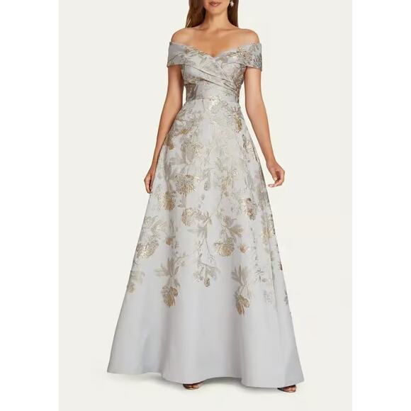 Teri Jon Off The Shoulder Metallic Jacquard A Line Gown Size 14 Silver Gold - Picture 1 of 9